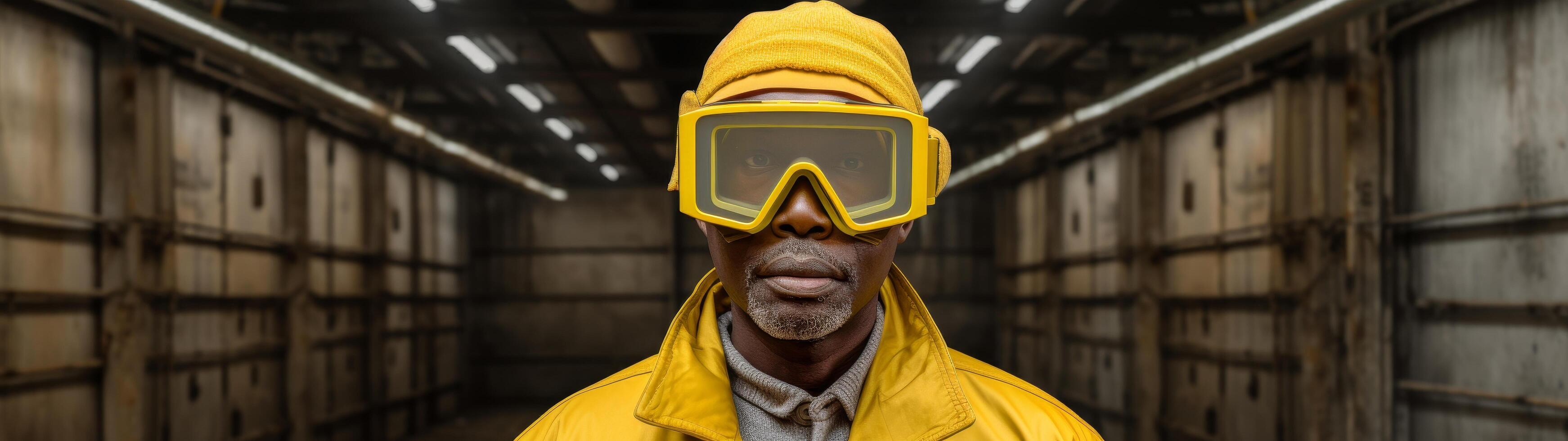 man in protective workwear and goggles photo