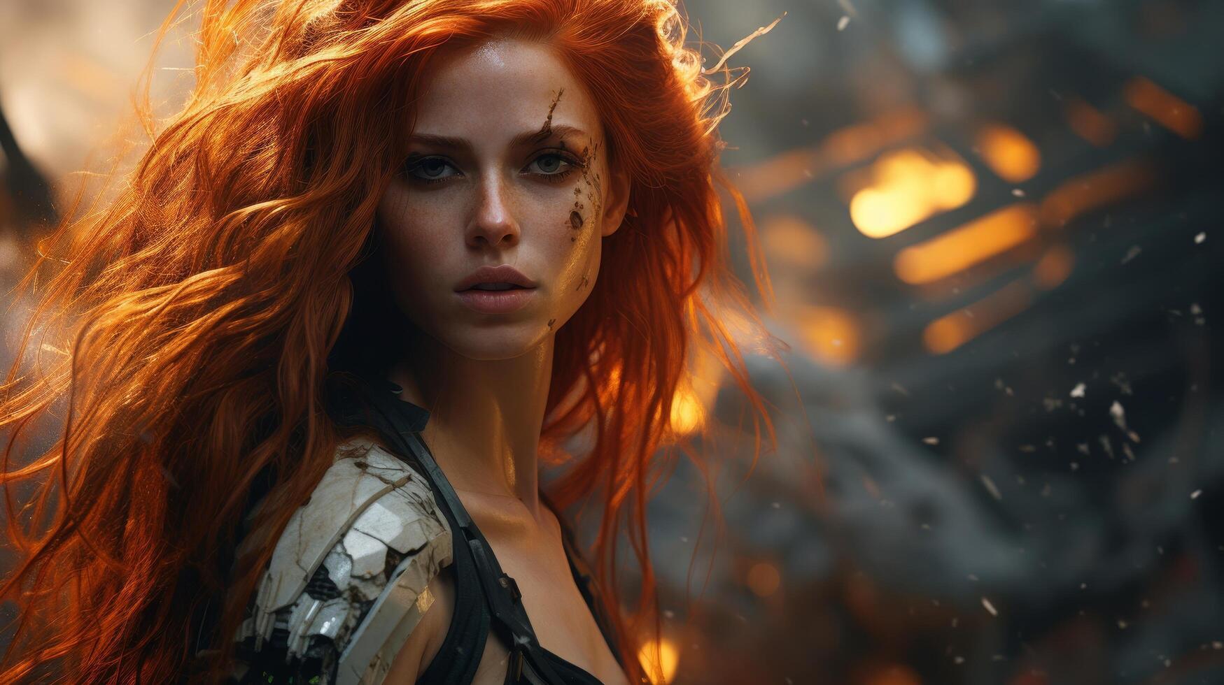 Intense gaze of a woman with fiery red hair photo