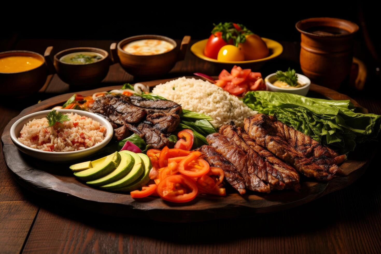 Delicious grilled meat and vegetable platter on wooden table photo