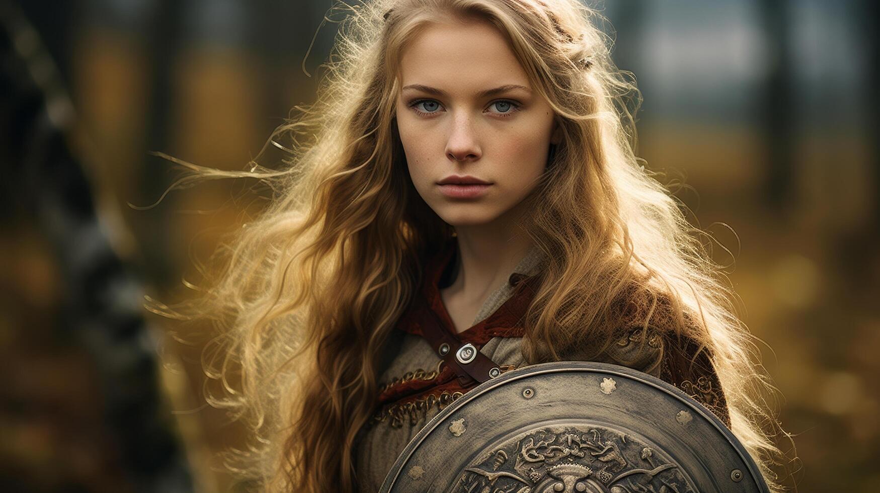 Fierce female warrior with shield photo