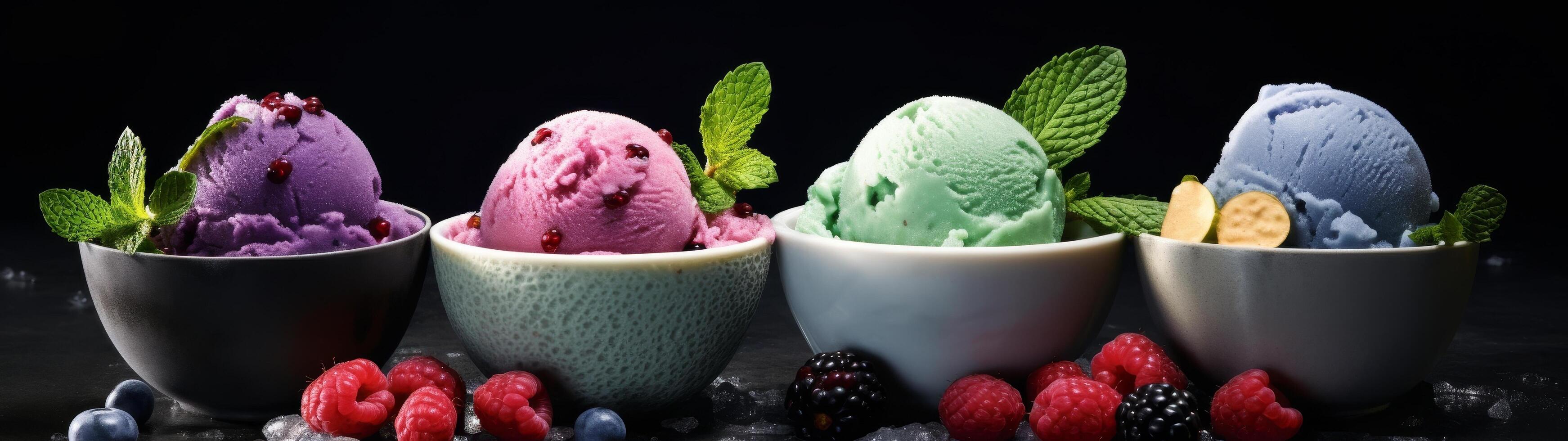 Assortment of colorful ice cream scoops with fresh berries photo