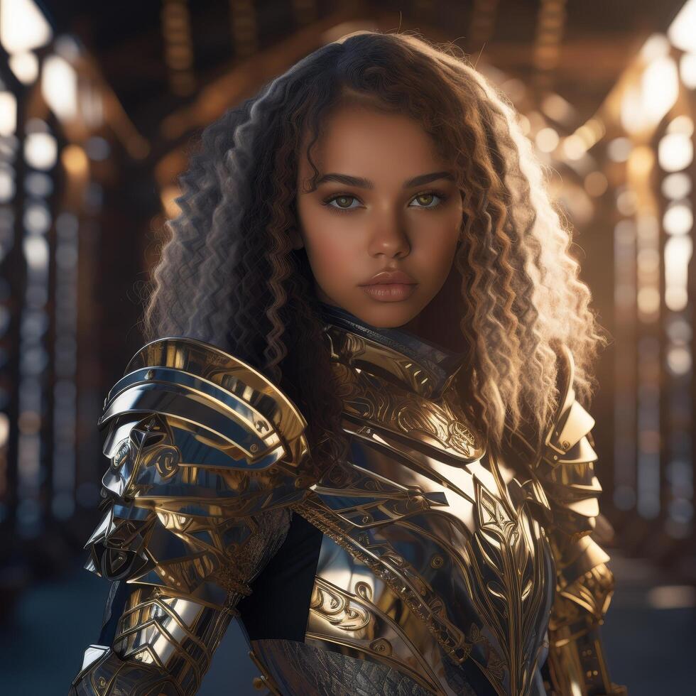 Warrior woman in golden armor photo