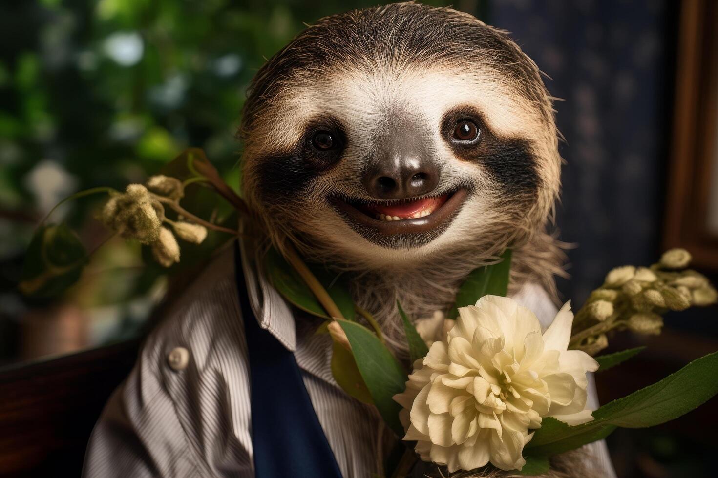 Smiling sloth holding a flower photo