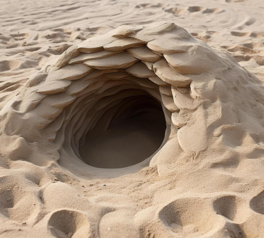 Entrance to a sand cave on the beach photo
