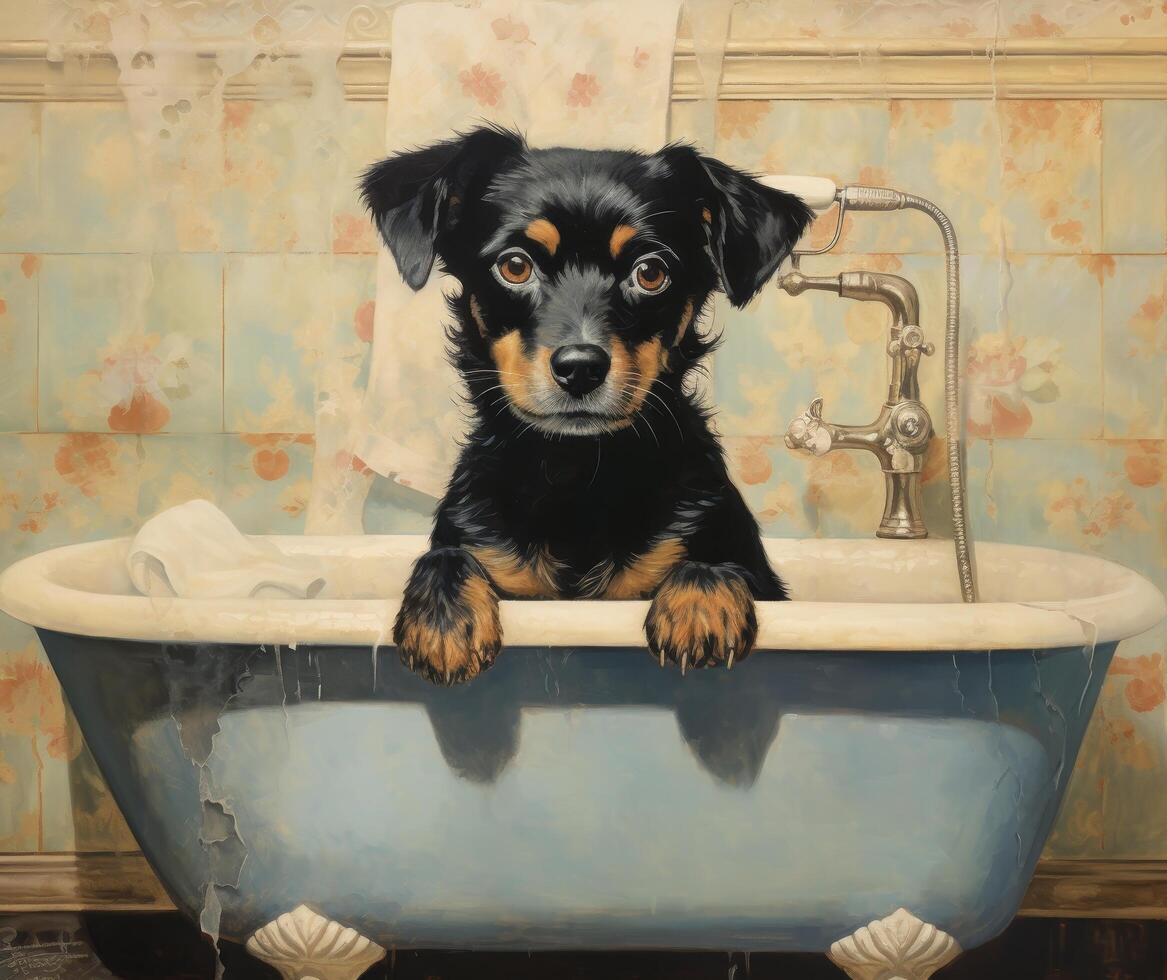 cute dog taking a bath in a vintage bathtub photo