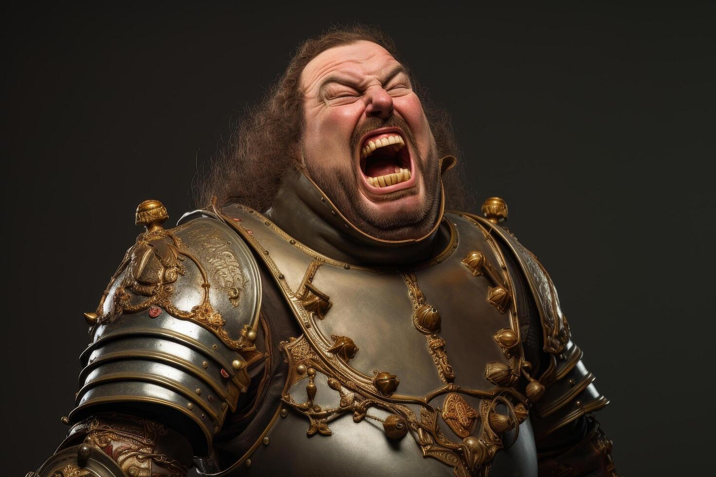 Fierce medieval knight in golden armor shouting photo
