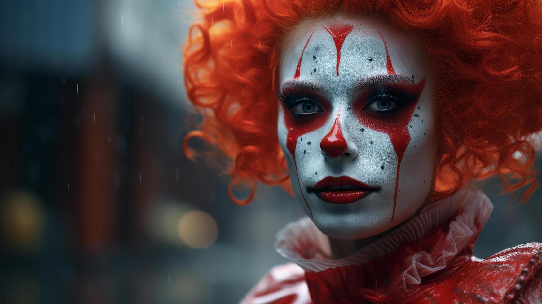 Haunting clown portrait with vibrant red hair photo