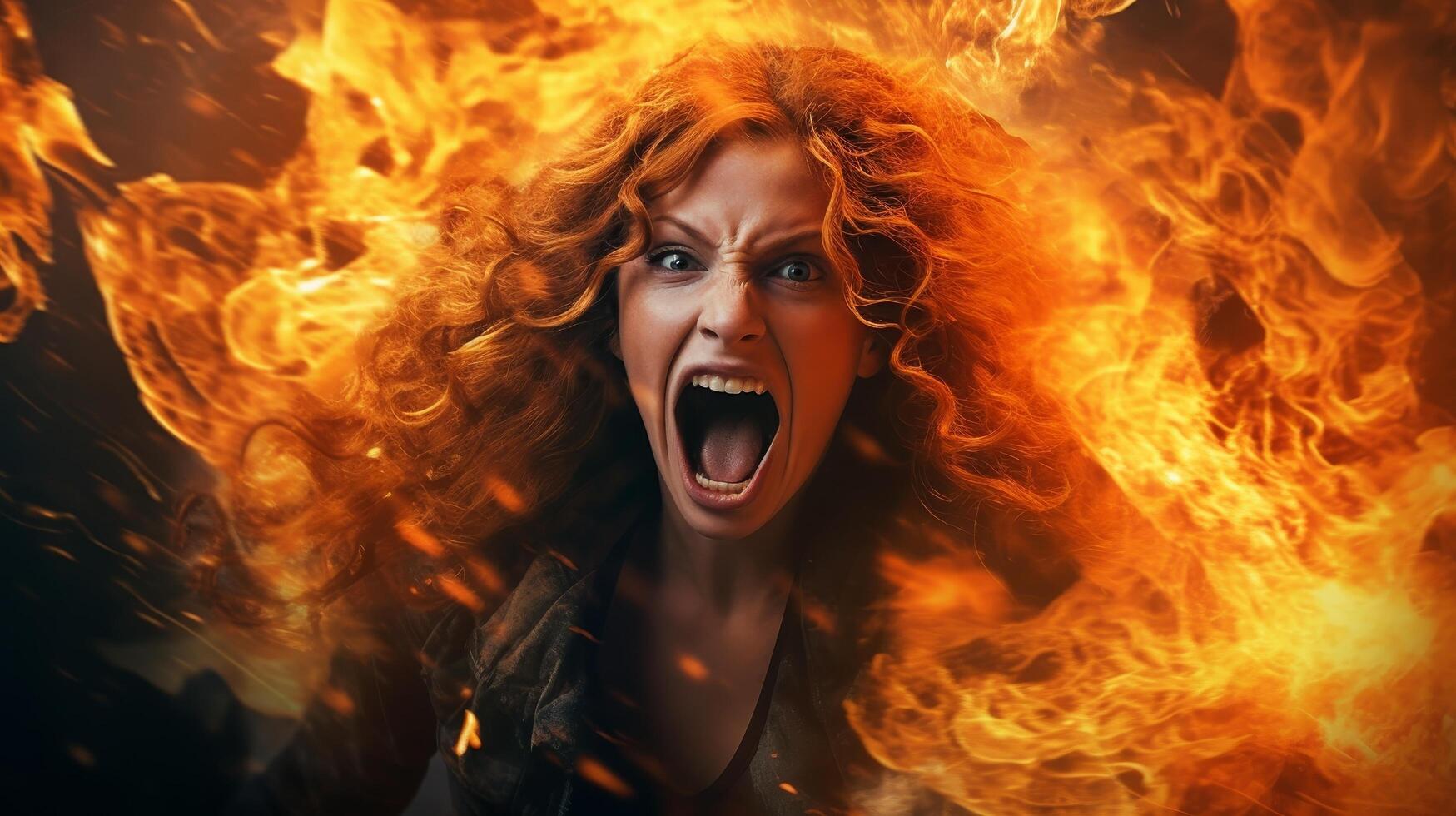 Intense expression of a person with fiery red hair photo