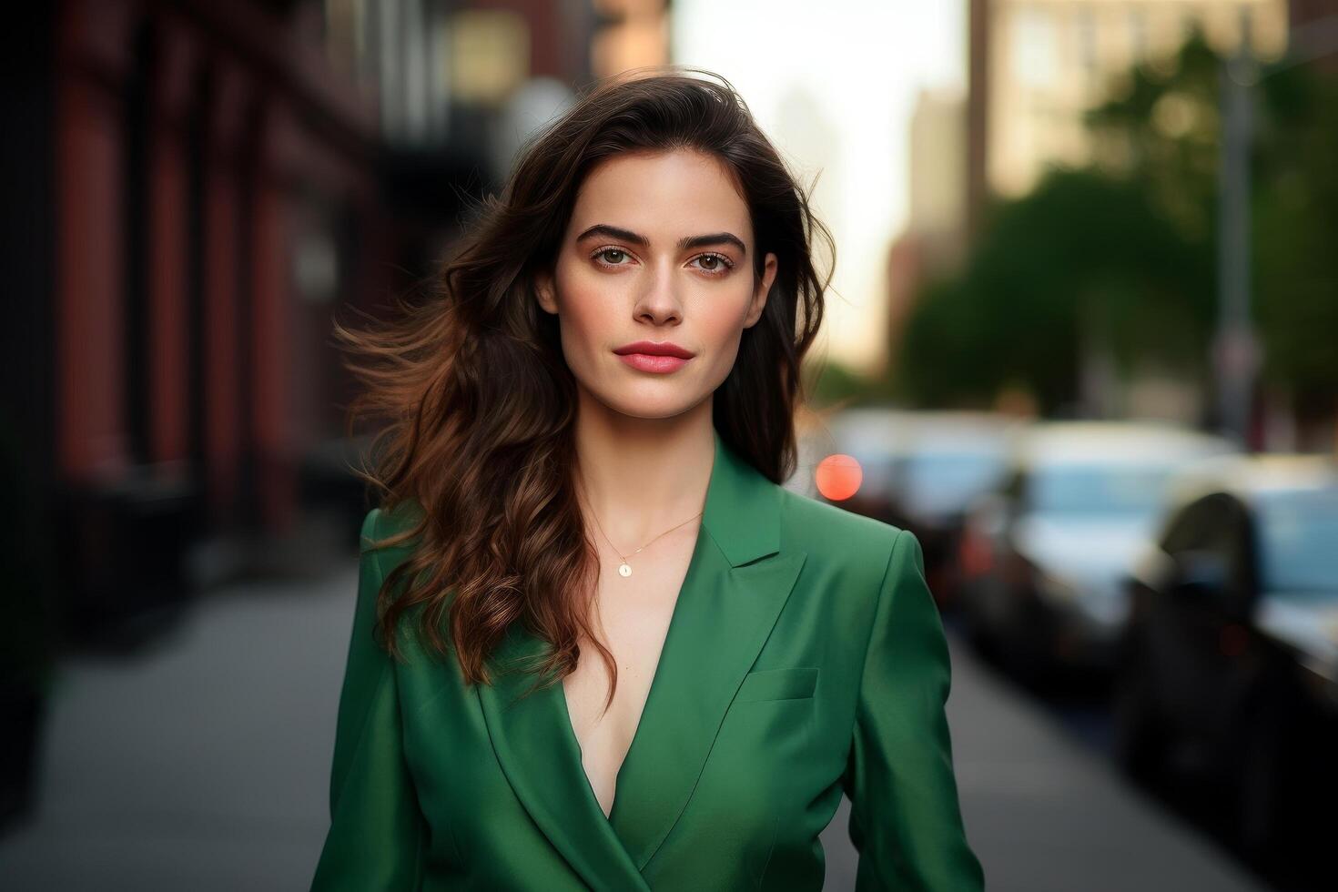 confident woman in green blazer photo