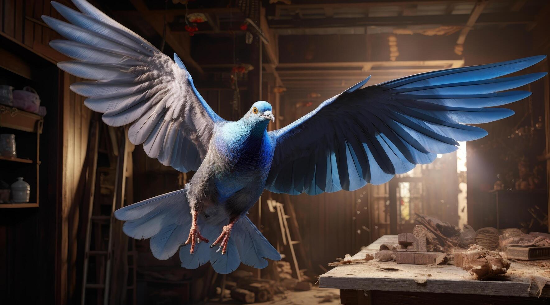 Majestic blue bird with spread wings in old wooden barn photo