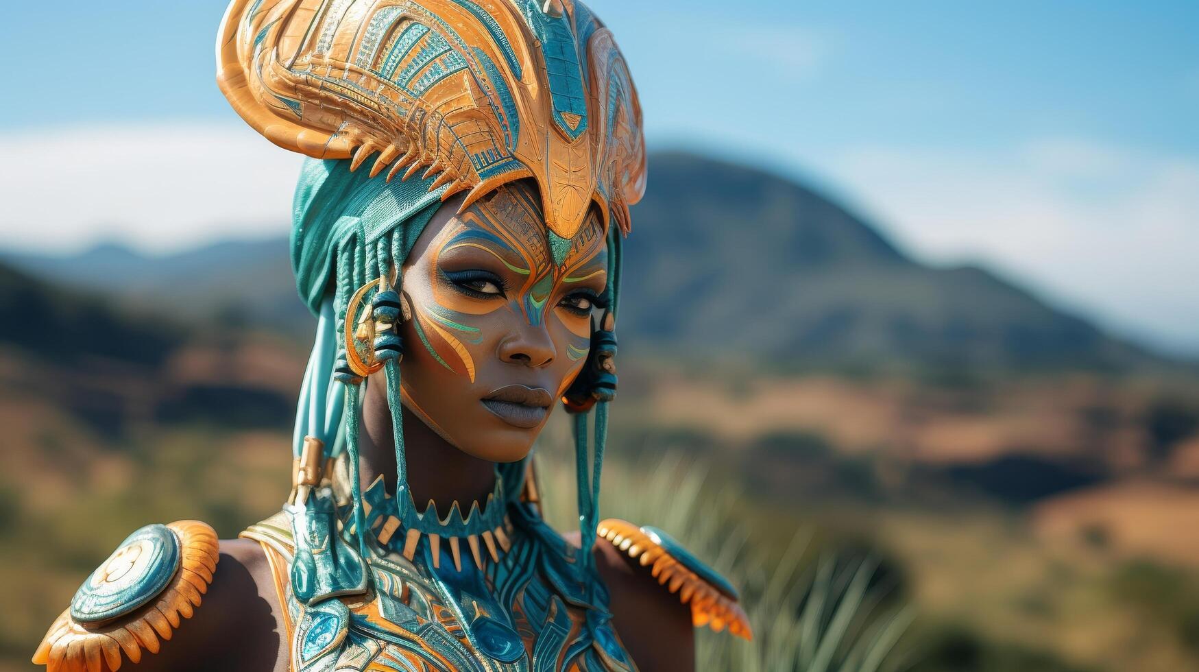 Vibrant tribal warrior costume in desert landscape photo