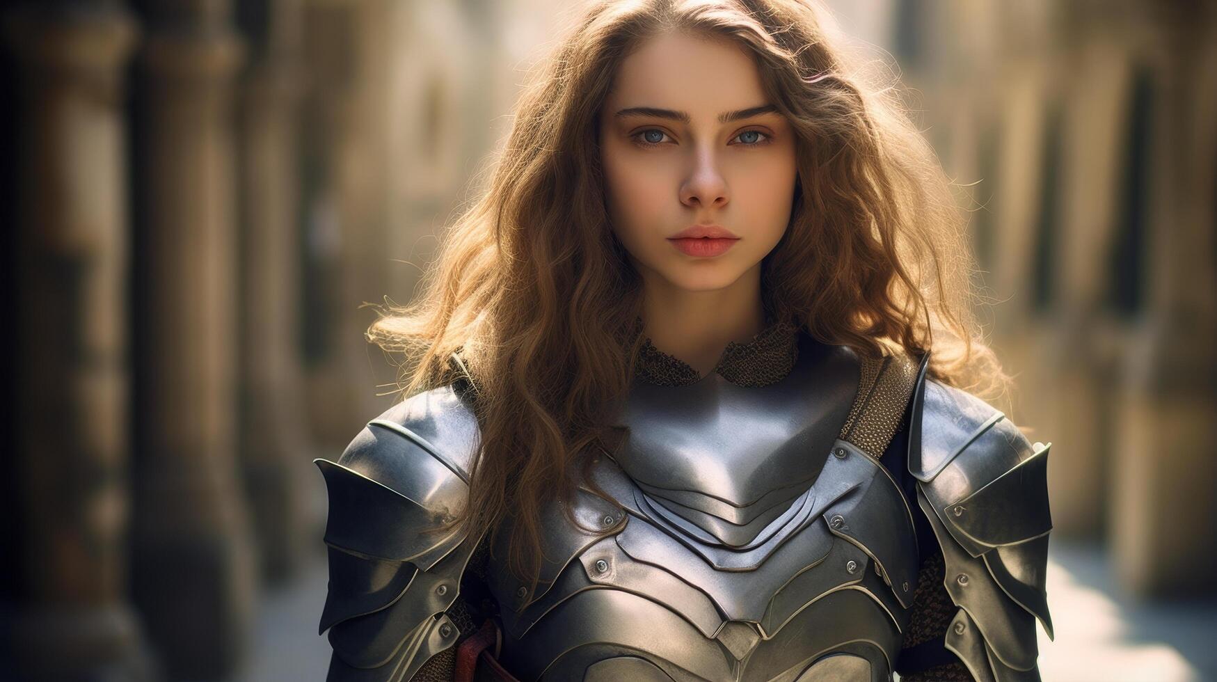 Warrior woman in armor with flowing hair photo