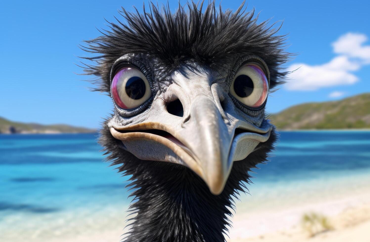 curious emu with big eyes in tropical beach setting photo