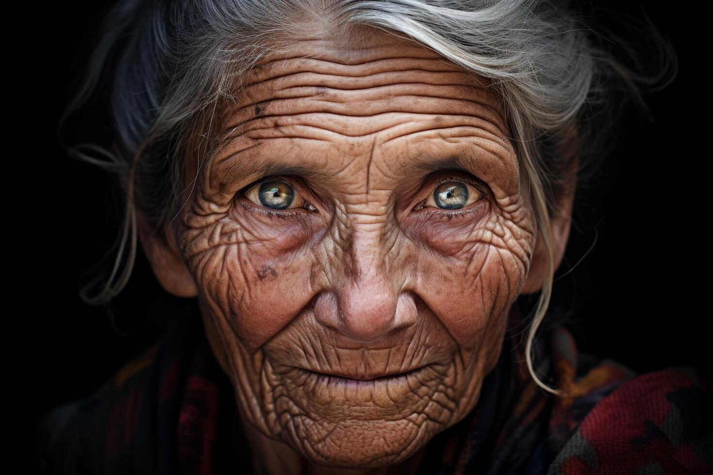 Weathered face of an elderly person with piercing eyes photo