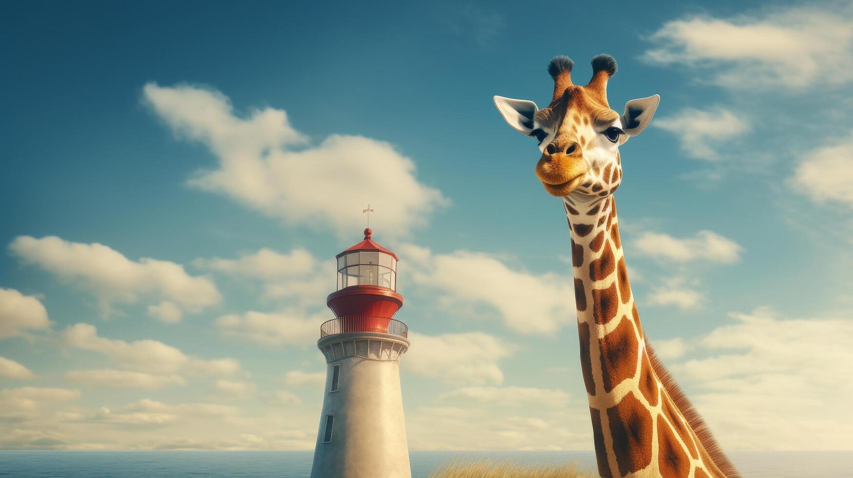 giraffe and lighthouse in the clouds photo