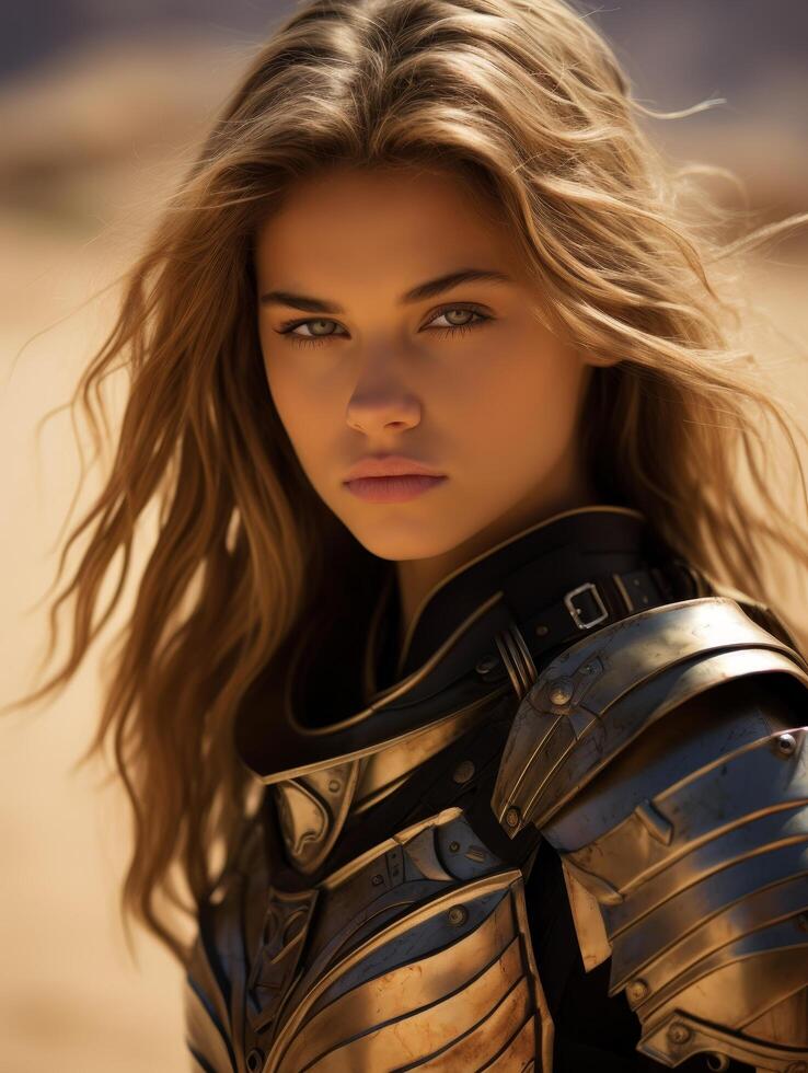 Fierce female warrior in battle armor photo