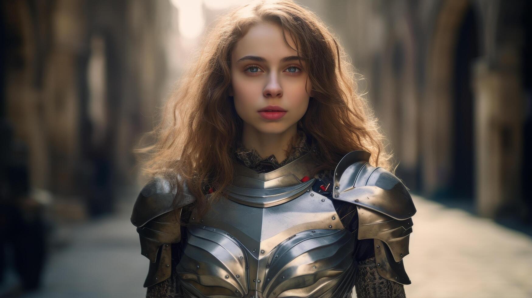 Armored female warrior with long wavy hair photo