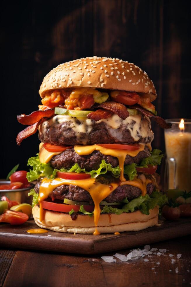 Delicious double cheeseburger with bacon and vegetables photo