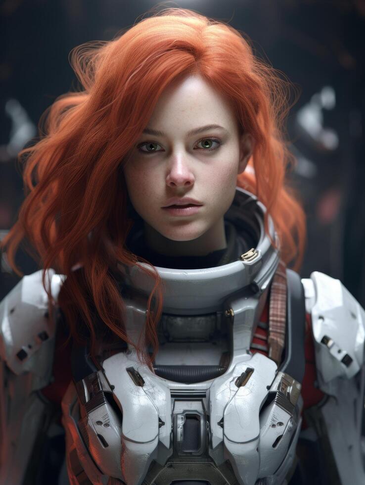 Futuristic woman in space suit with flowing red hair photo