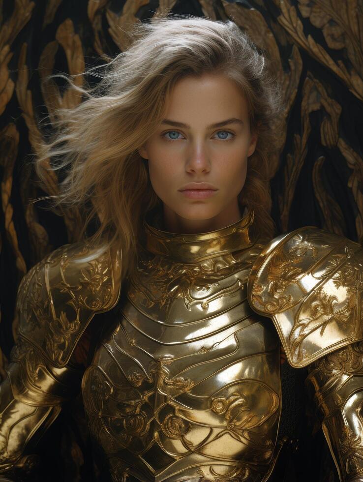 Powerful warrior woman in golden armor photo