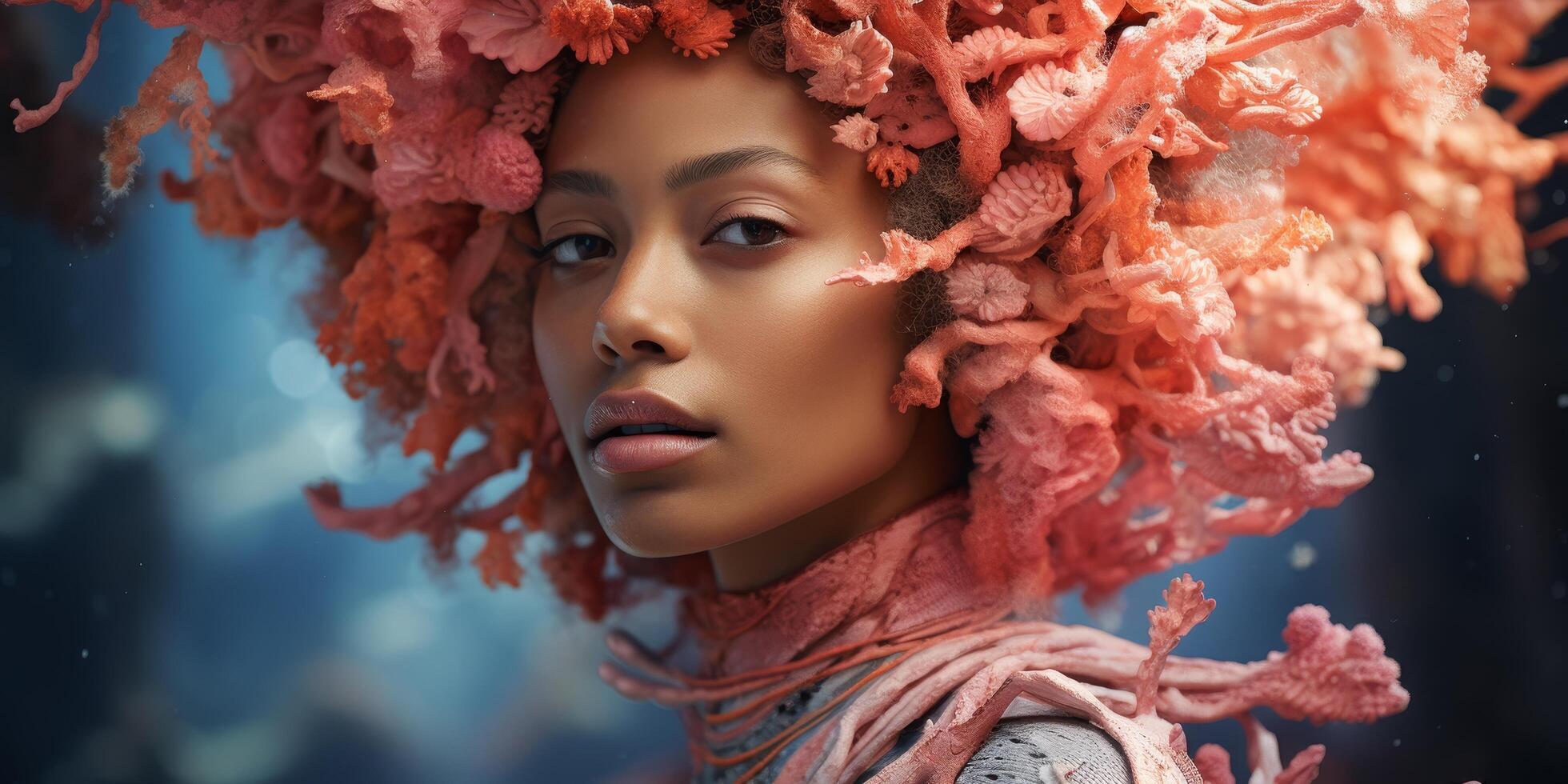 woman surrounded by vibrant coral colored flowers photo