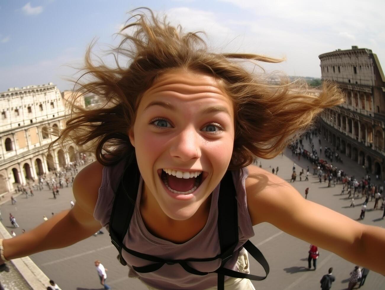 Excited woman with windblown hair in front of historic architecture photo