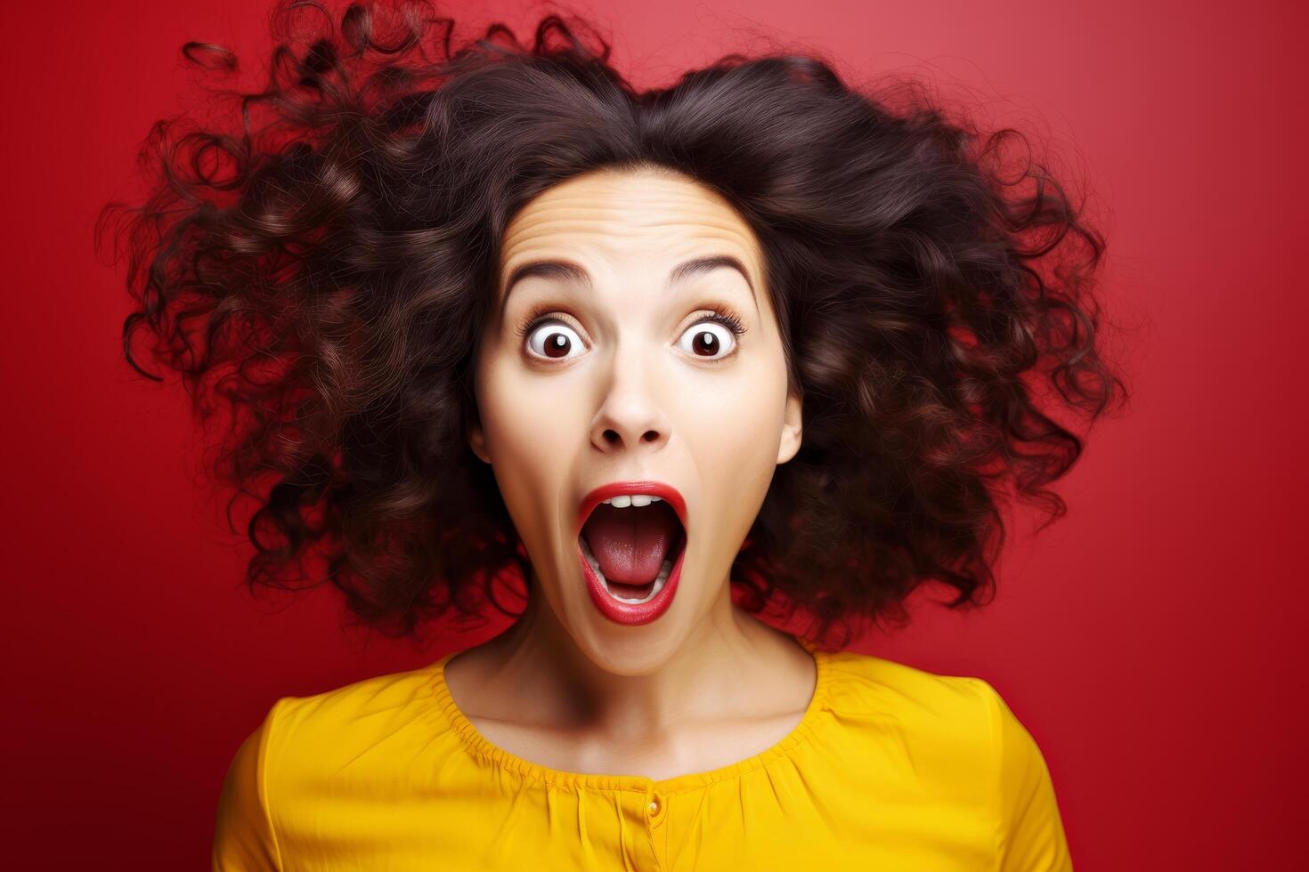 surprised woman with curly hair photo