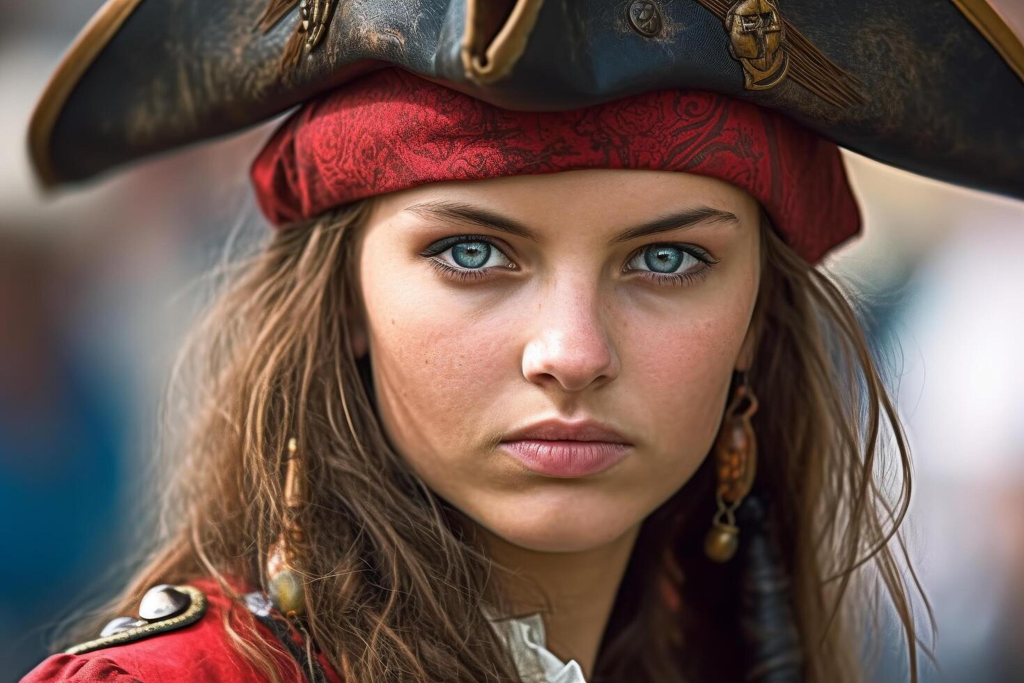 Intense pirate woman with striking blue eyes photo