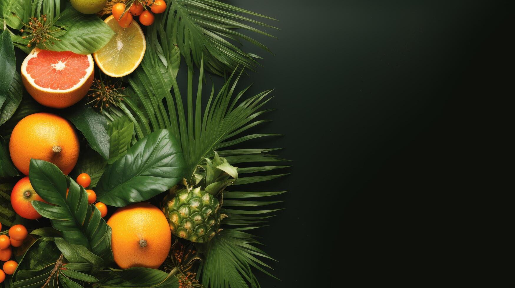 Tropical fruit and foliage still life photo