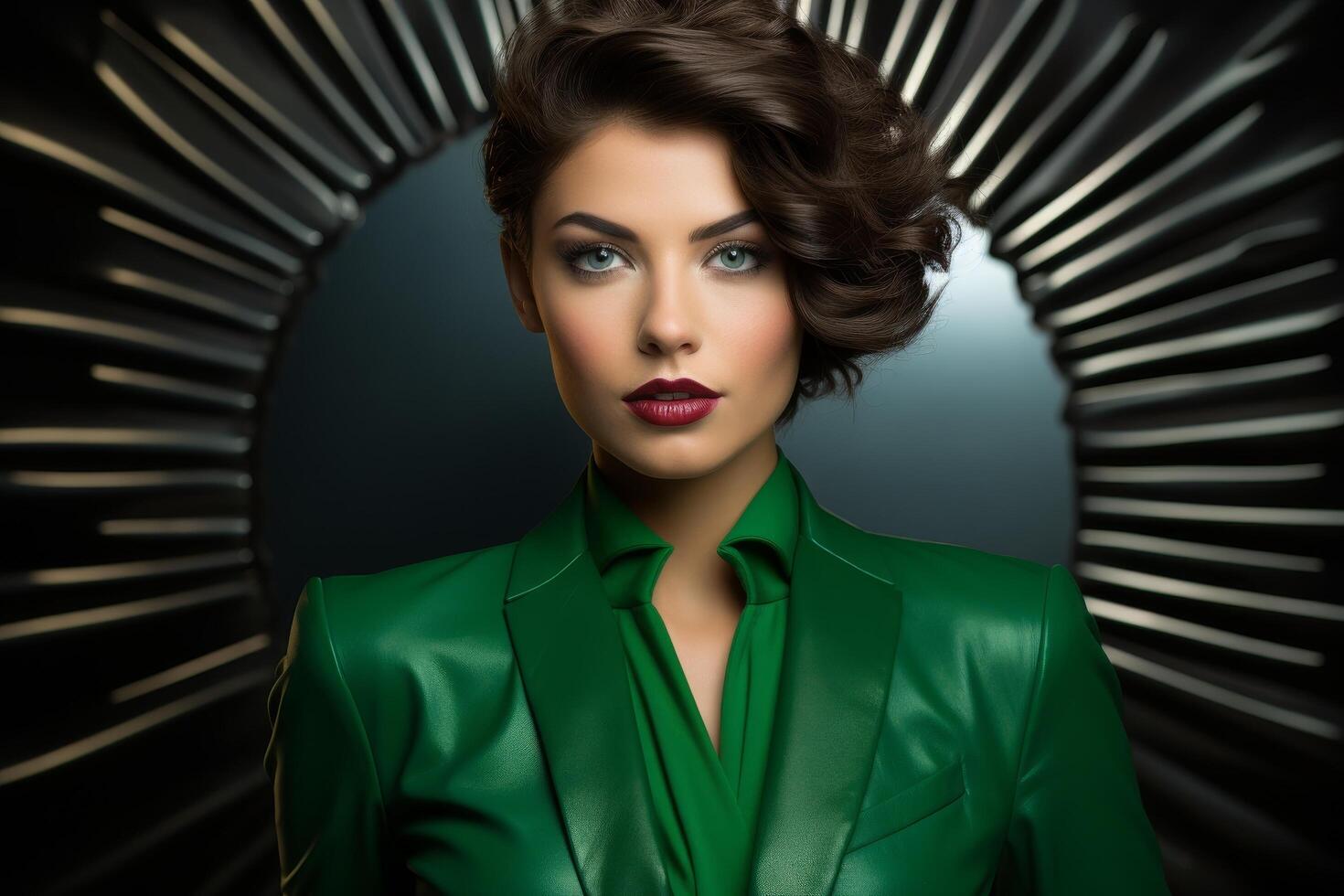 Elegant woman in green leather jacket photo