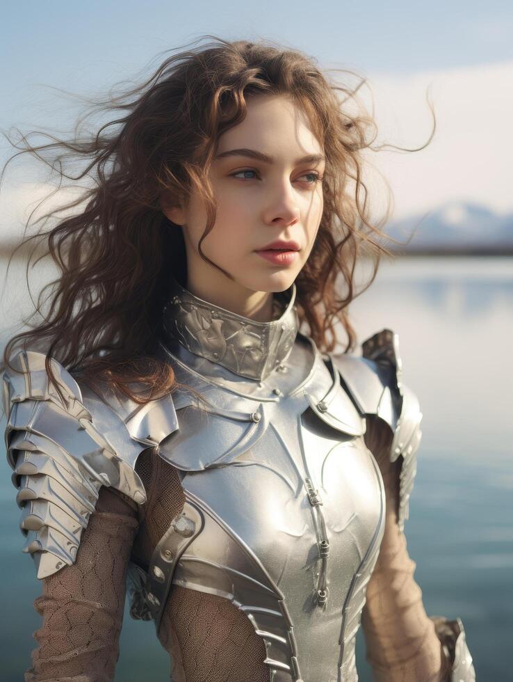 Futuristic woman in silver armor photo