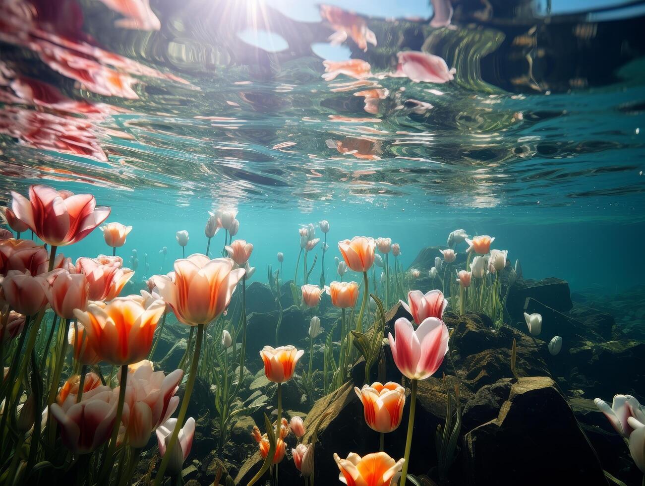 underwater tulip garden with sunlight photo
