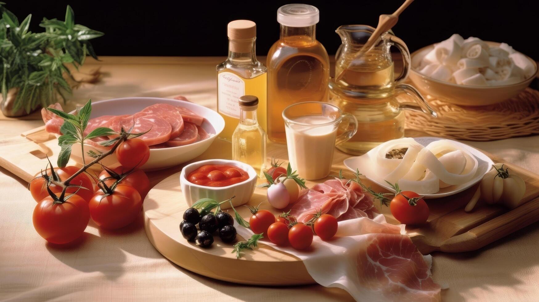 Delicious Italian appetizer platter with cured meats, cheese, and fresh produce photo