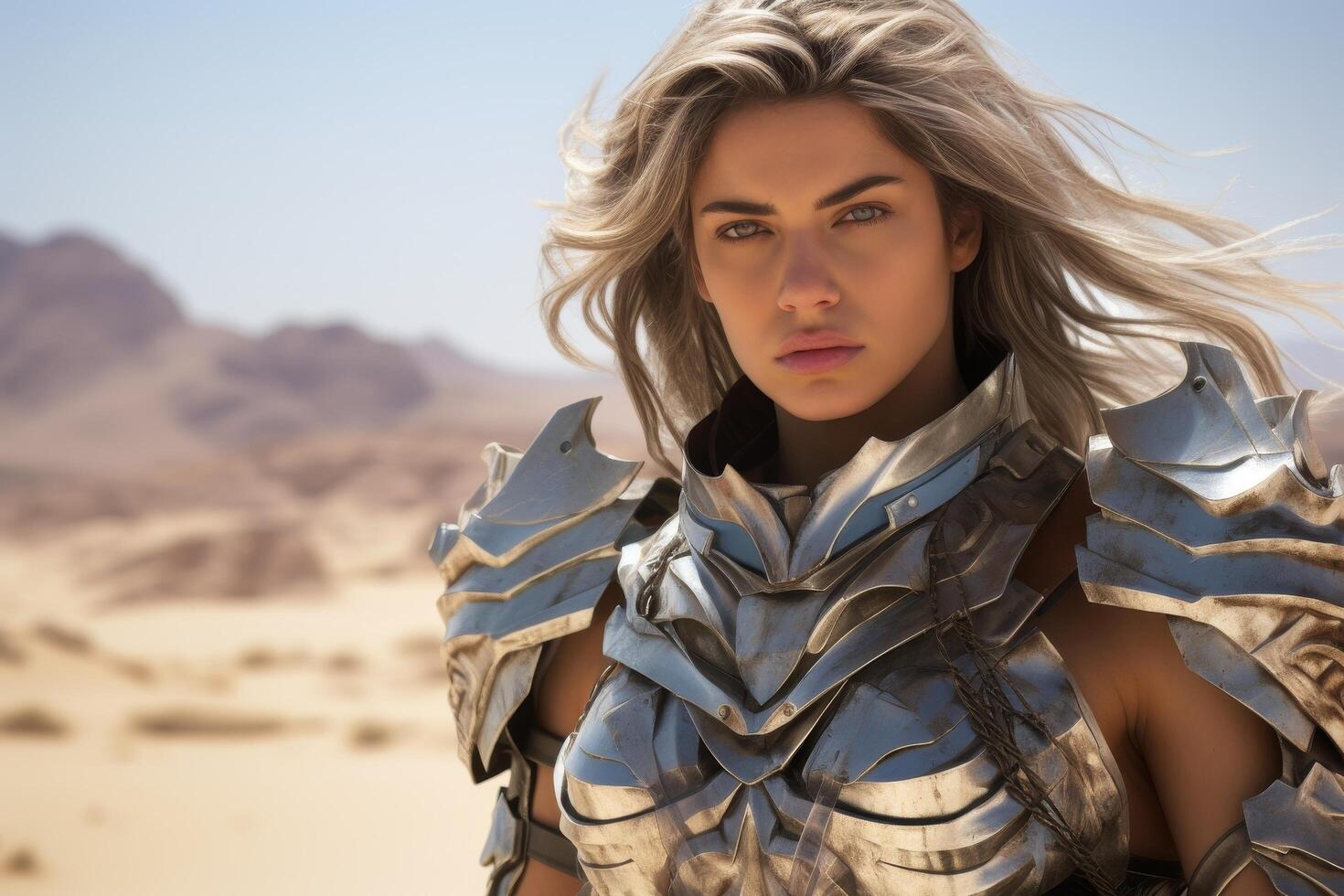 Fierce warrior woman in desert landscape photo