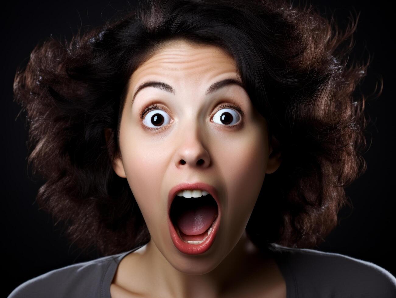 Surprised woman with wide open mouth and eyes photo