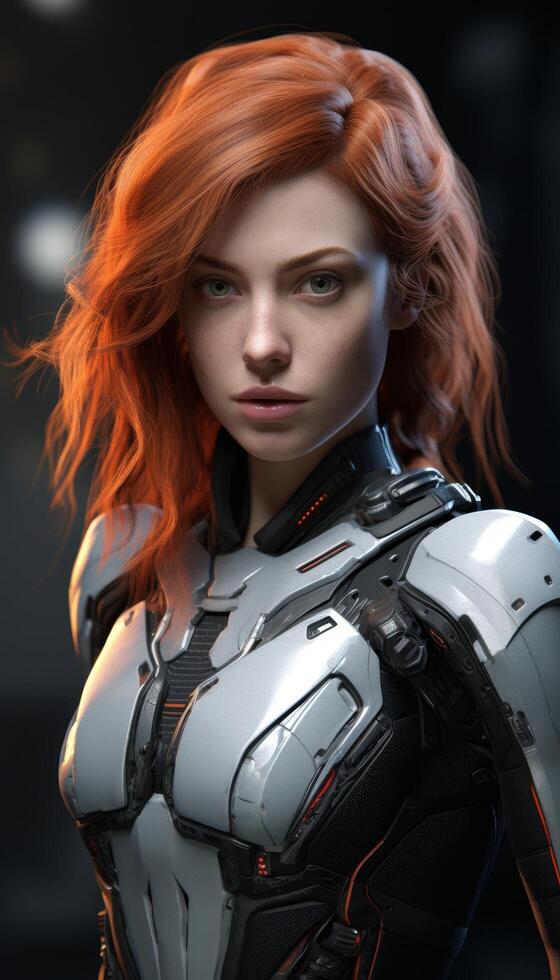 Futuristic female cyborg with red hair and intense expression photo