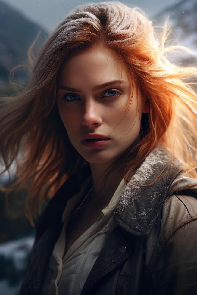 Captivating woman with fiery hair and piercing gaze photo