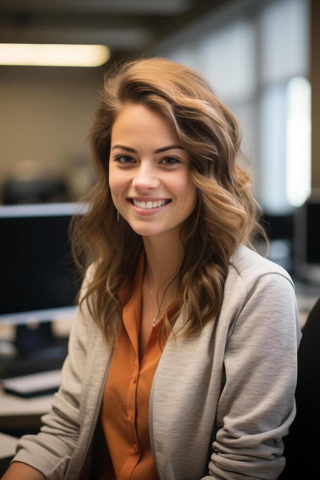 Smiling woman with wavy hair in casual business attire photo