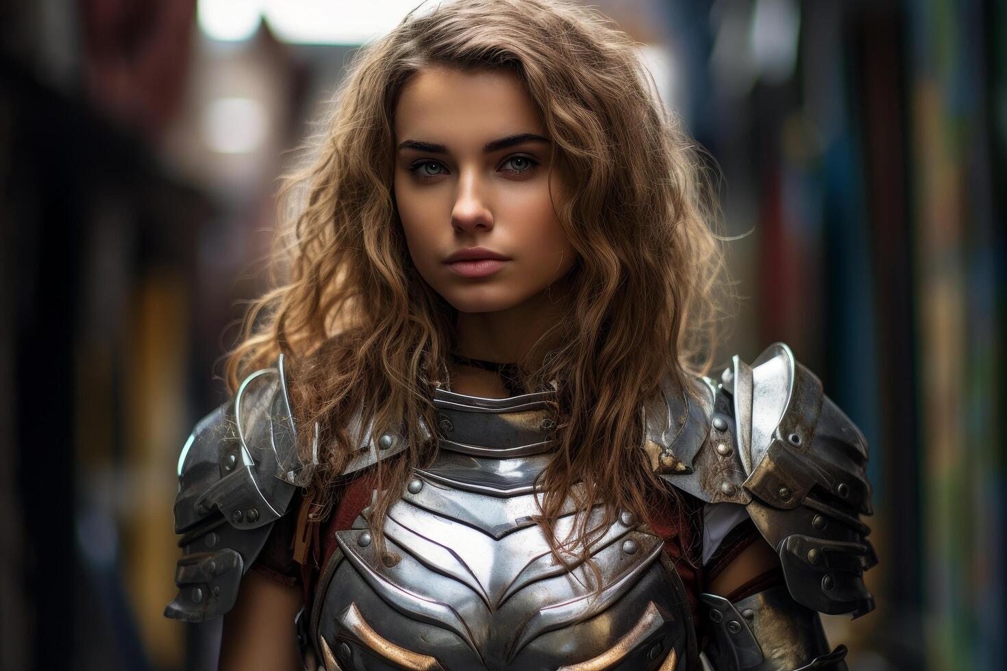 Fierce female warrior in armored costume photo