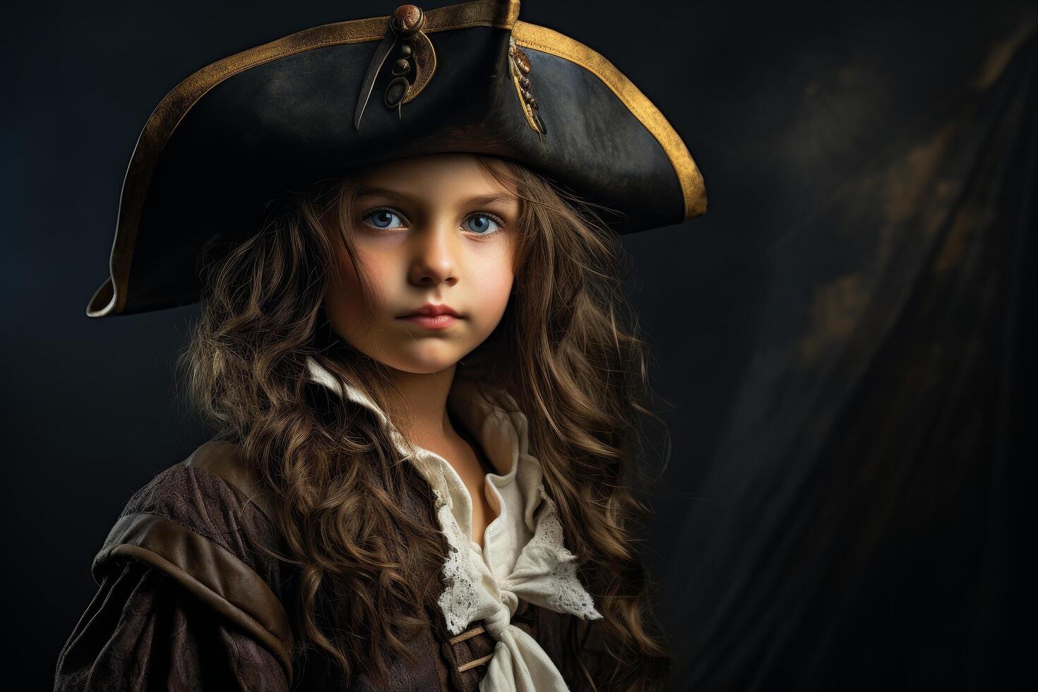 Mysterious young pirate girl with curly hair and blue eyes photo