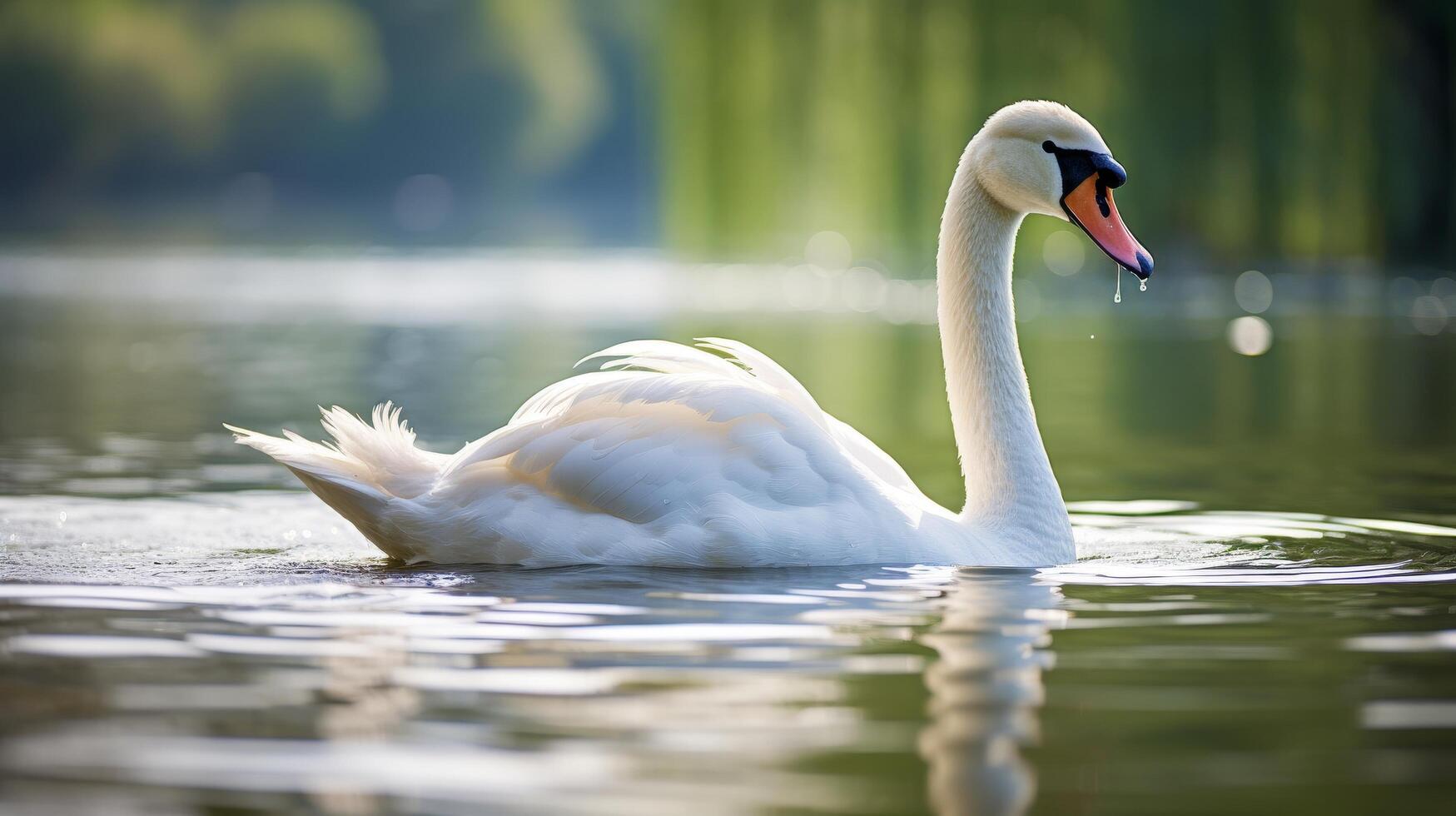 Elegant swan swimming in serene lake photo