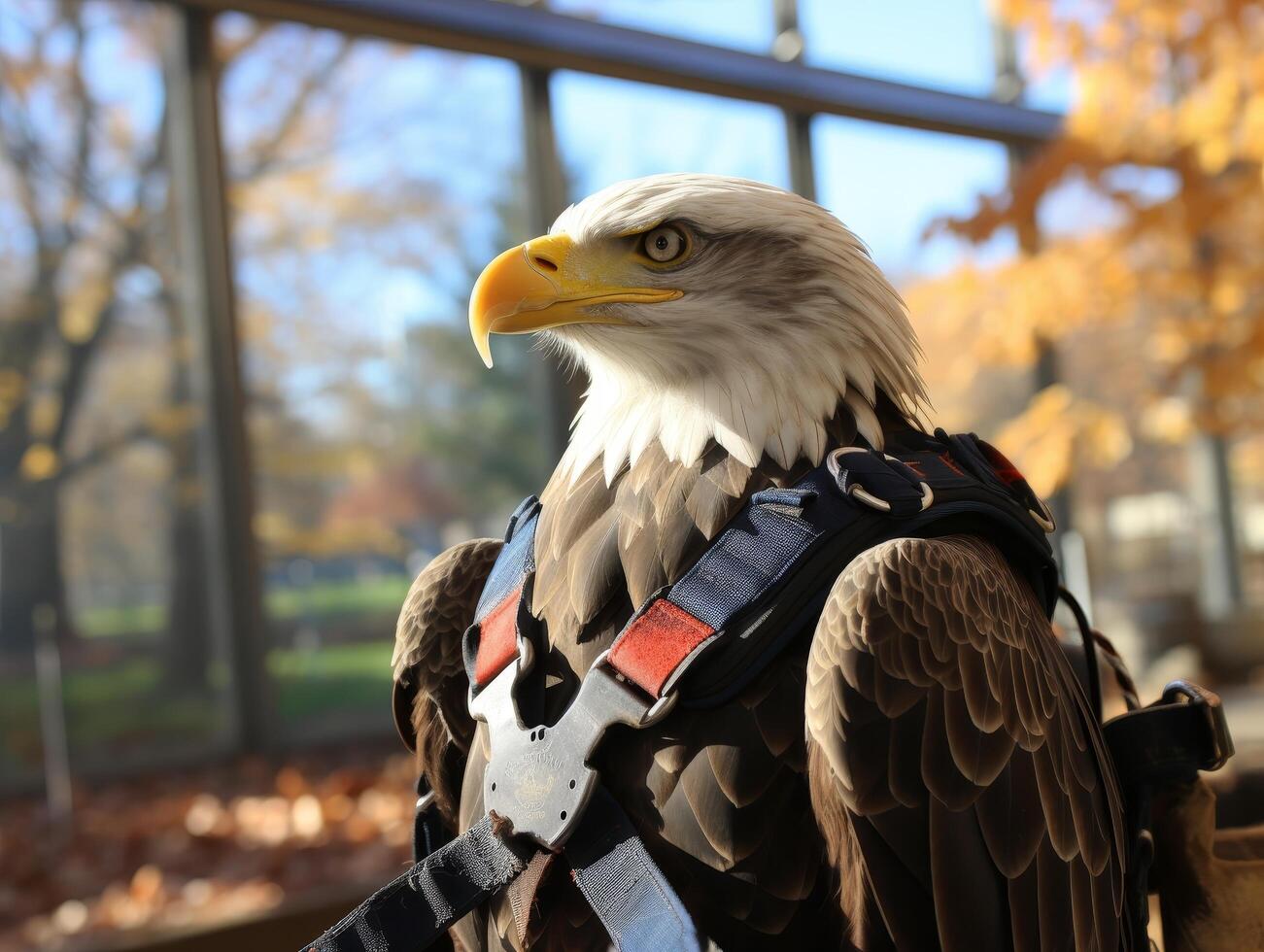 bald eagle in harness perched on branch photo
