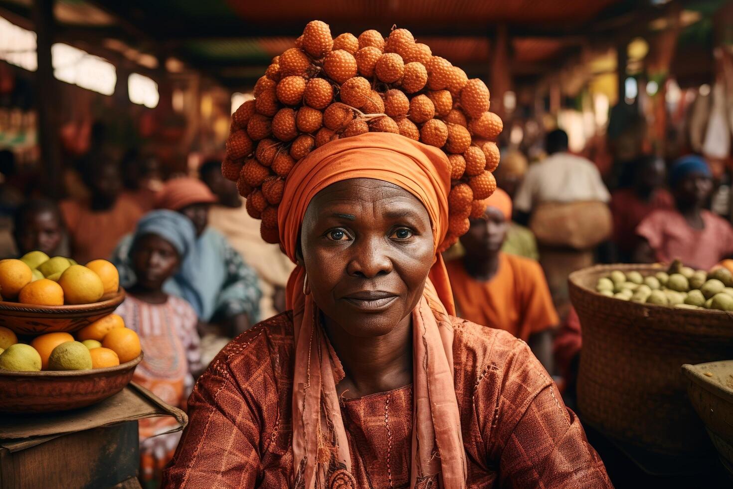 Vibrant market vendor in traditional headpiece photo