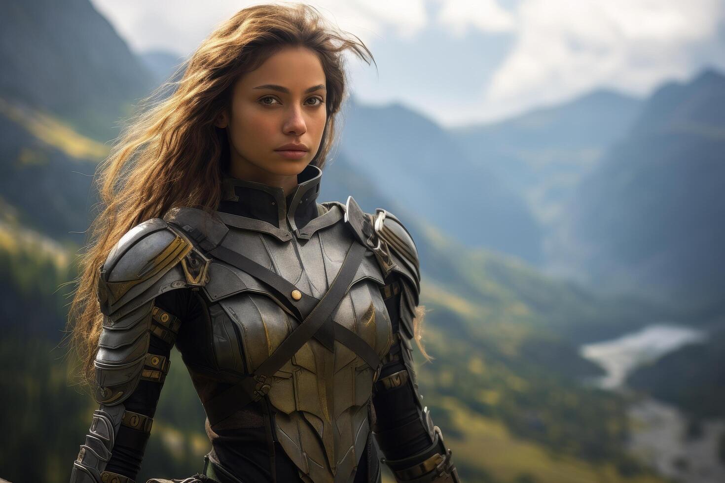 Futuristic warrior in armored suit stands in mountain landscape photo