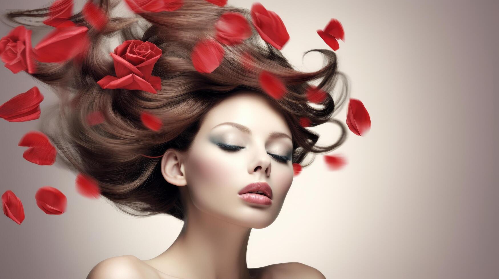 beautiful woman with rose petals in hair photo