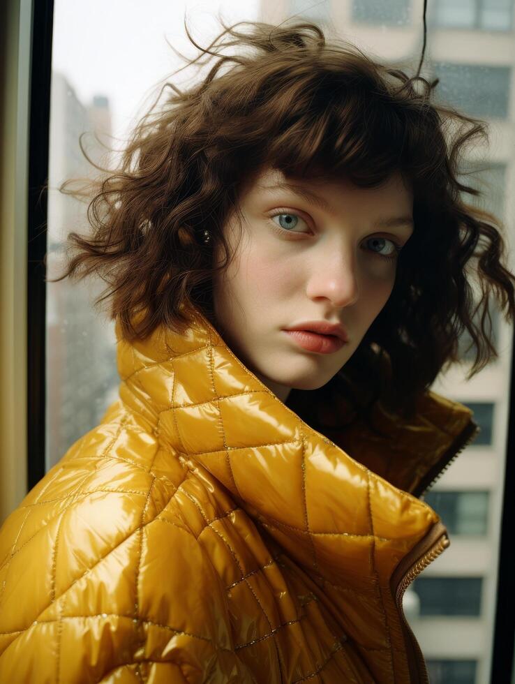 woman in yellow puffer jacket looking out window photo