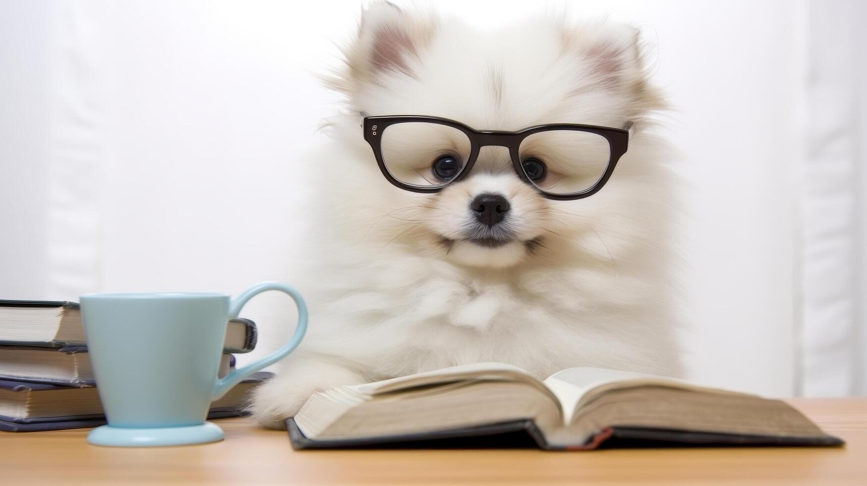 Adorable fluffy dog wearing glasses reading a book with a cup of coffee photo