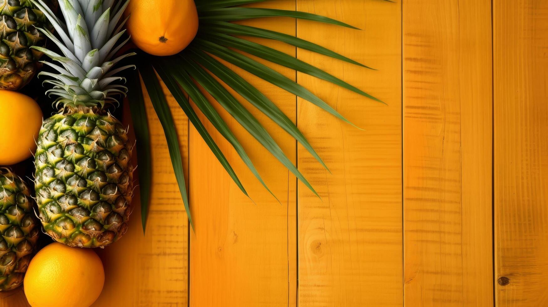 Tropical fruits and palm leaves on wooden background photo