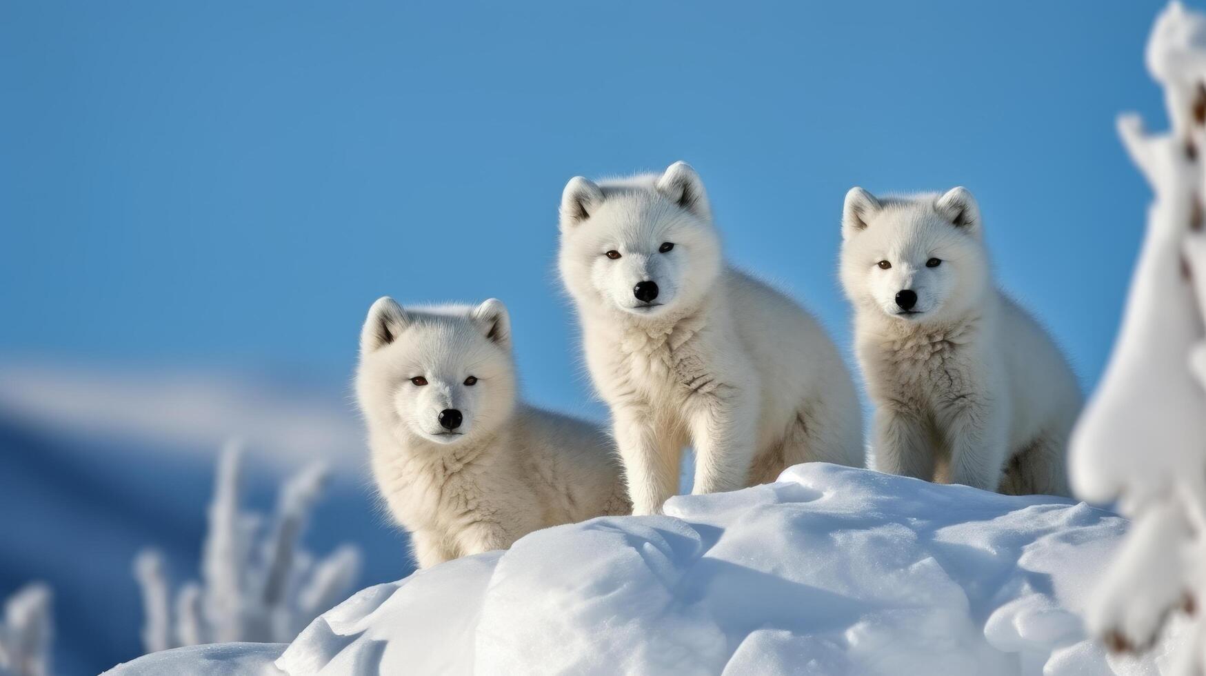Trio of adorable arctic foxes in snowy landscape photo