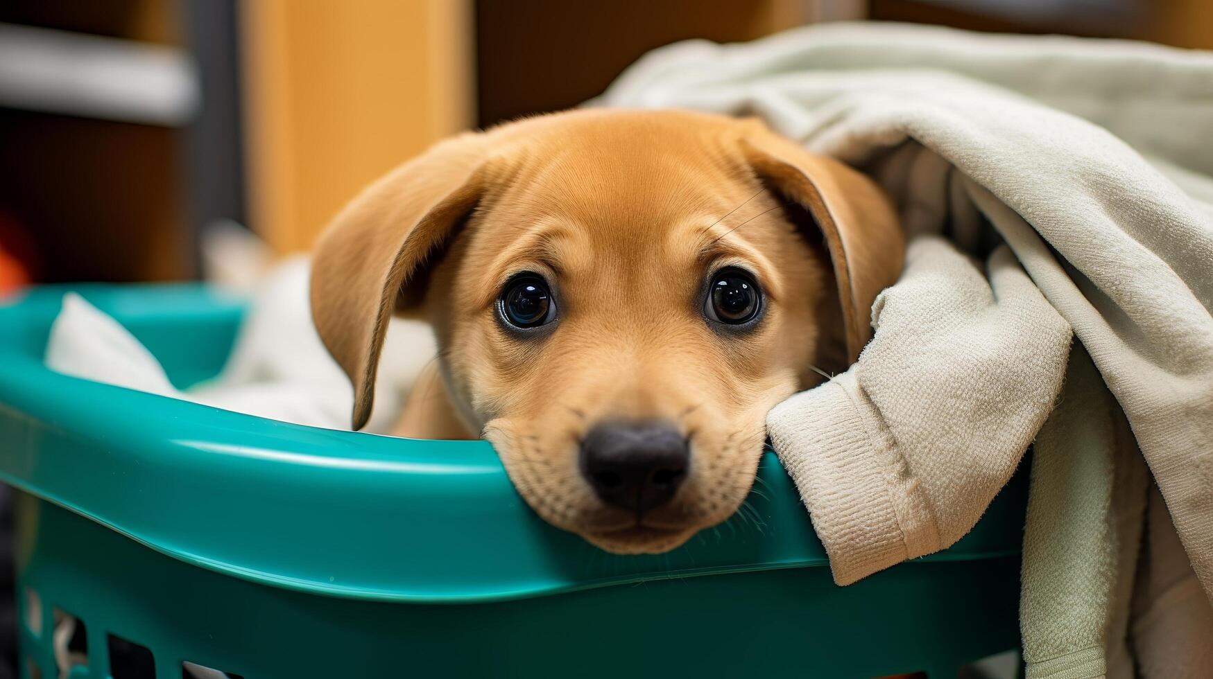 Adorable puppy peeking out from blanket photo